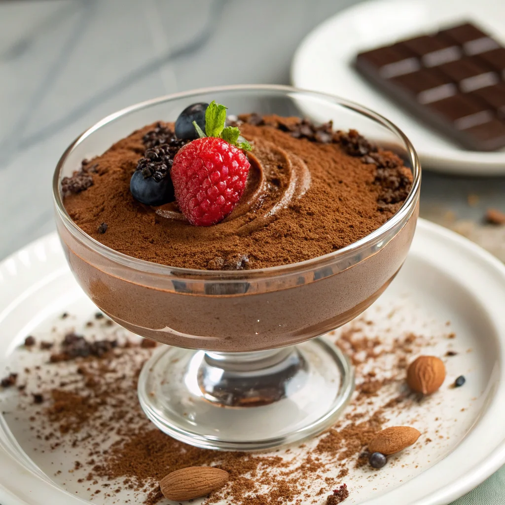 Mousse de chocolate casera sin horno decorada con frutos rojo